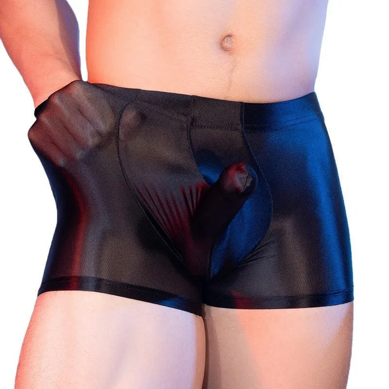 Men's seamless nylon boxers with elephant nose design in red black white and dark gray colors
