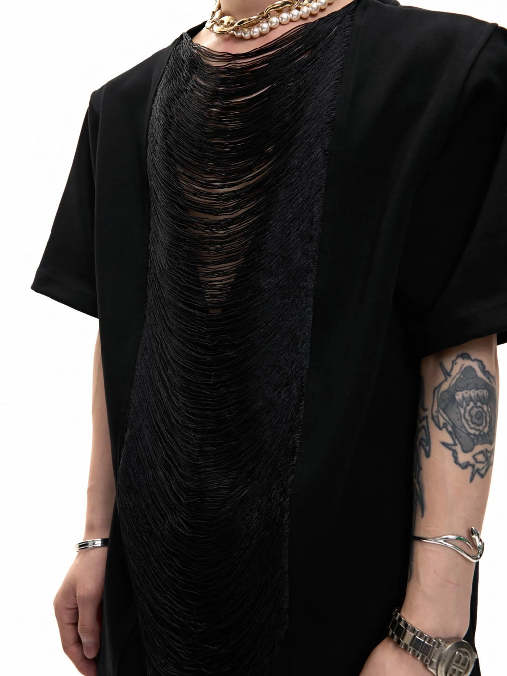 Men's drum black polyester t-shirt with hollow out V-neck and short sleeves