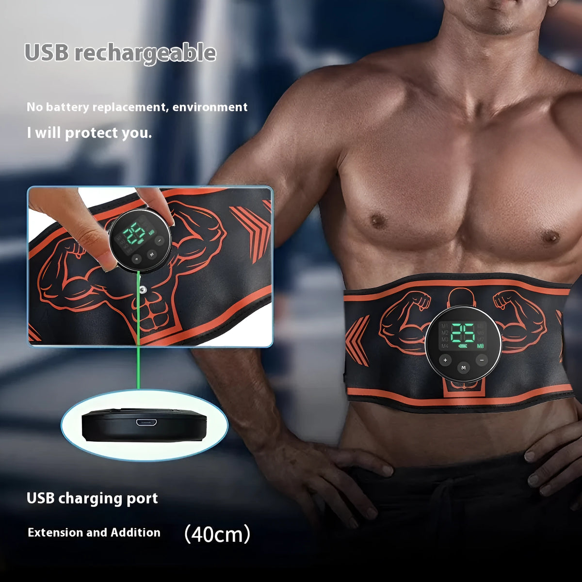 Smart EMS massage belt fitness equipment showing rechargeable host unit and adjustable belt
