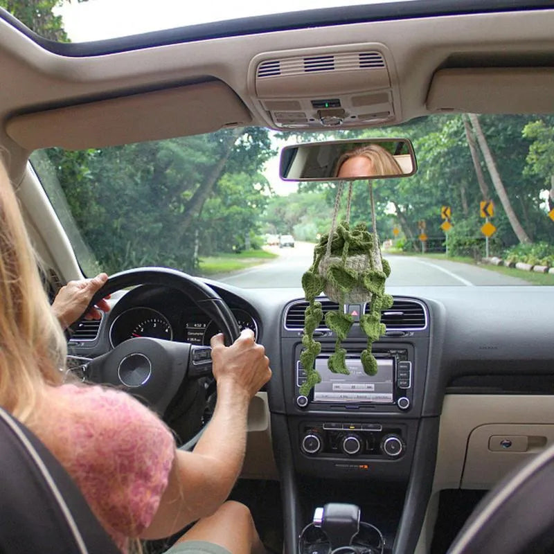 Green and white knitted wool car plant decoration with plastic base and hanging rope