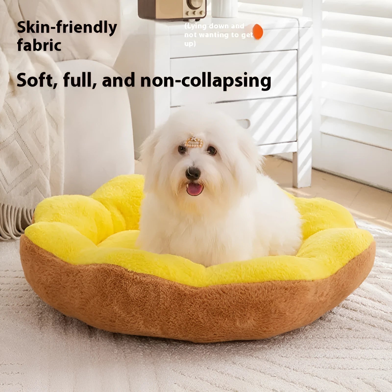 Round cat bed made from thick rabbit plush fabric in brown grey colour.