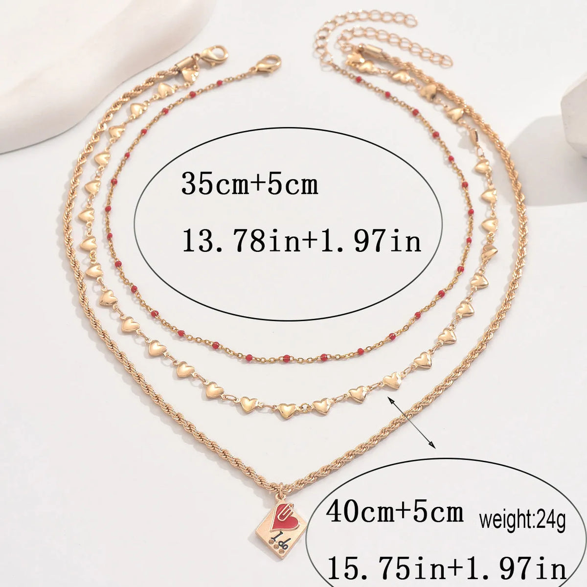Golden three-layer adjustable clavicle chain necklace with geometric heart pendant