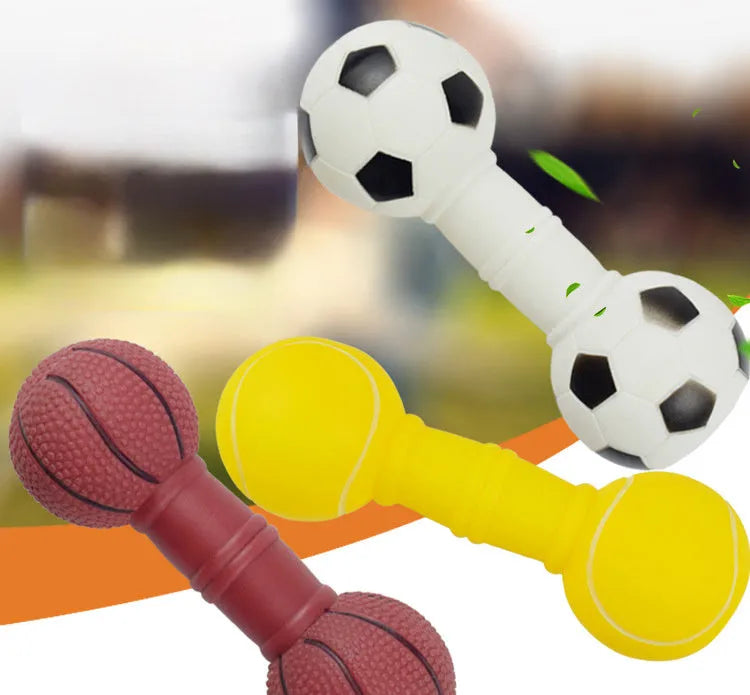 Colourful PVC squeaky dog toy shaped like a football dumbbell on a white background.