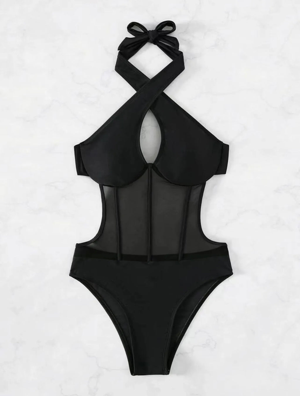 Women's black one-piece racerback swimsuit made from nylon and spandex blend fabric.