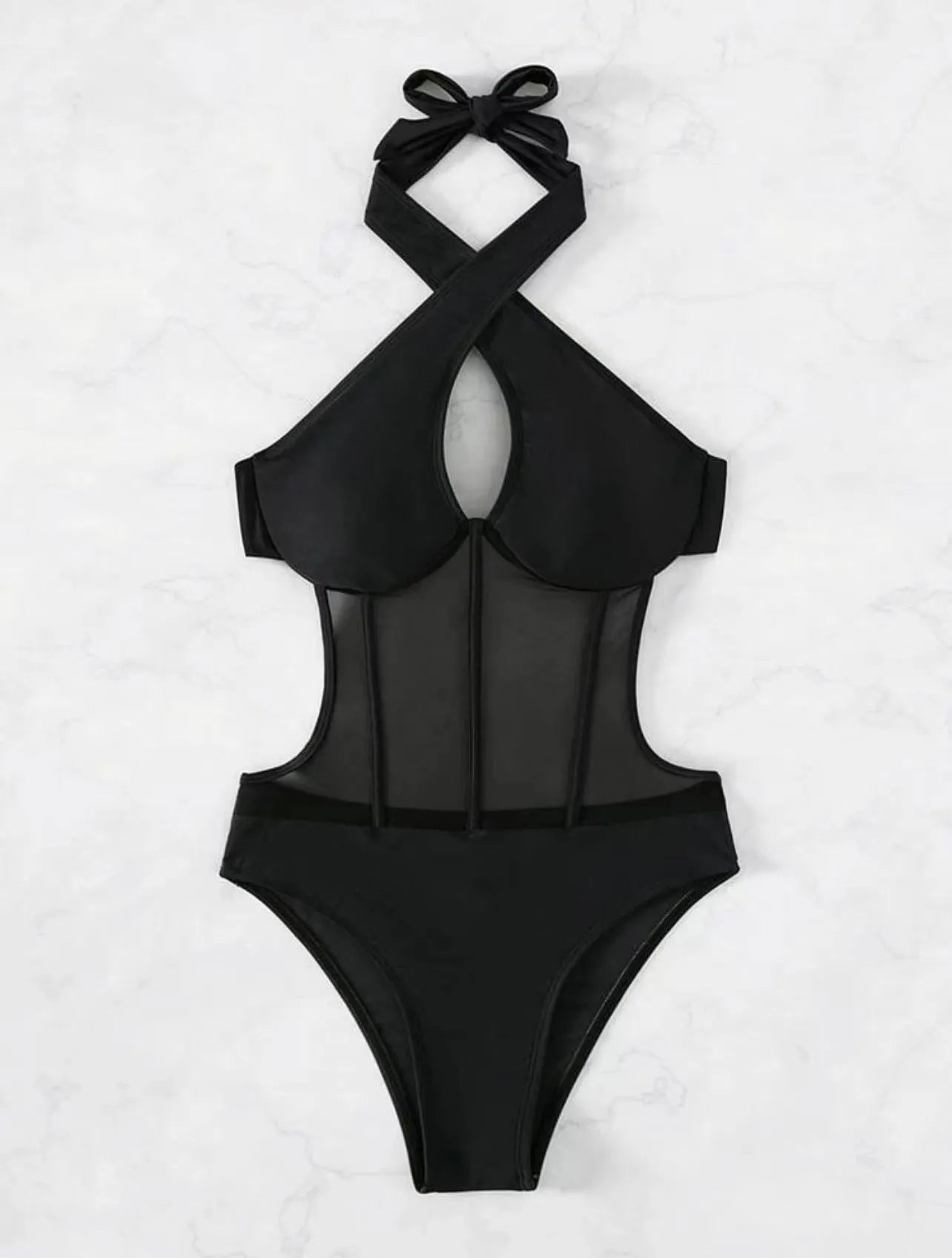 Women's black one-piece racerback swimsuit made from nylon and spandex blend fabric.