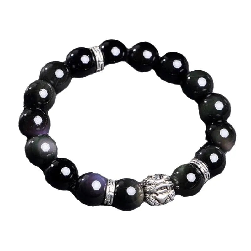 Silver 999 obsidian bracelet with lucky colour eye pattern showing male 12mm and female 10mm sizing options