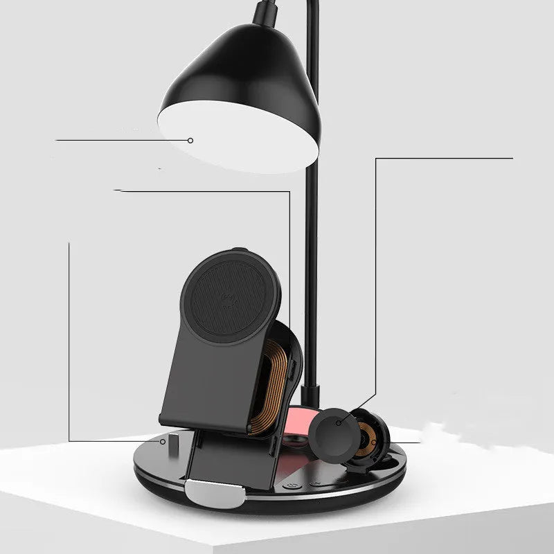 Folding magnetic wireless charger in black or white showing unfolded charging position