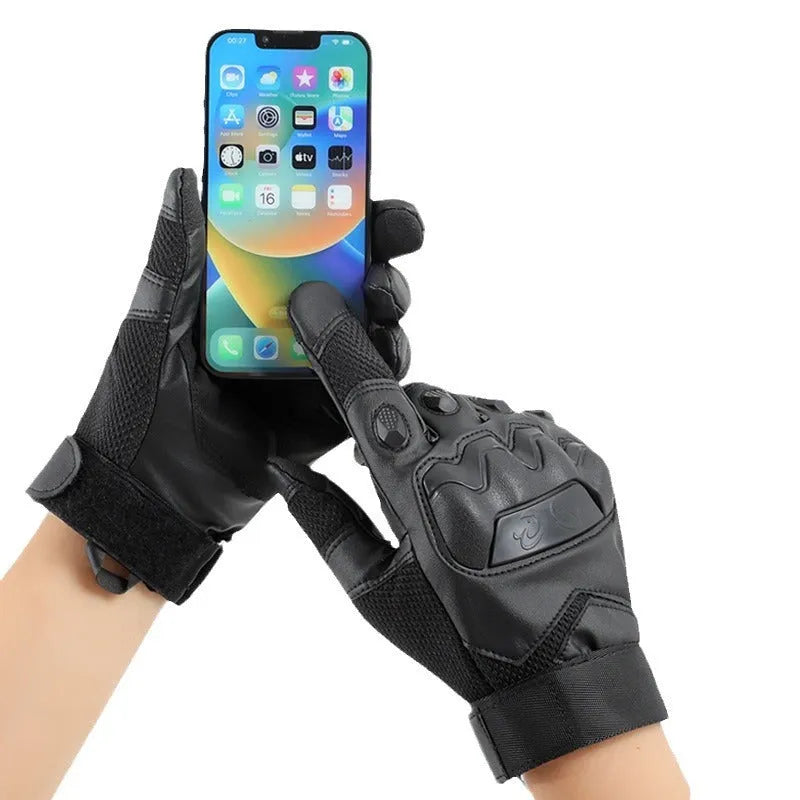 Men's black tactical full finger gloves with touch screen capability on the fingertips.