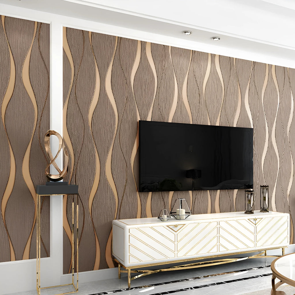 Curve stripe pattern 3D wallpaper roll in light grey and dark brown deerskin velvet colours