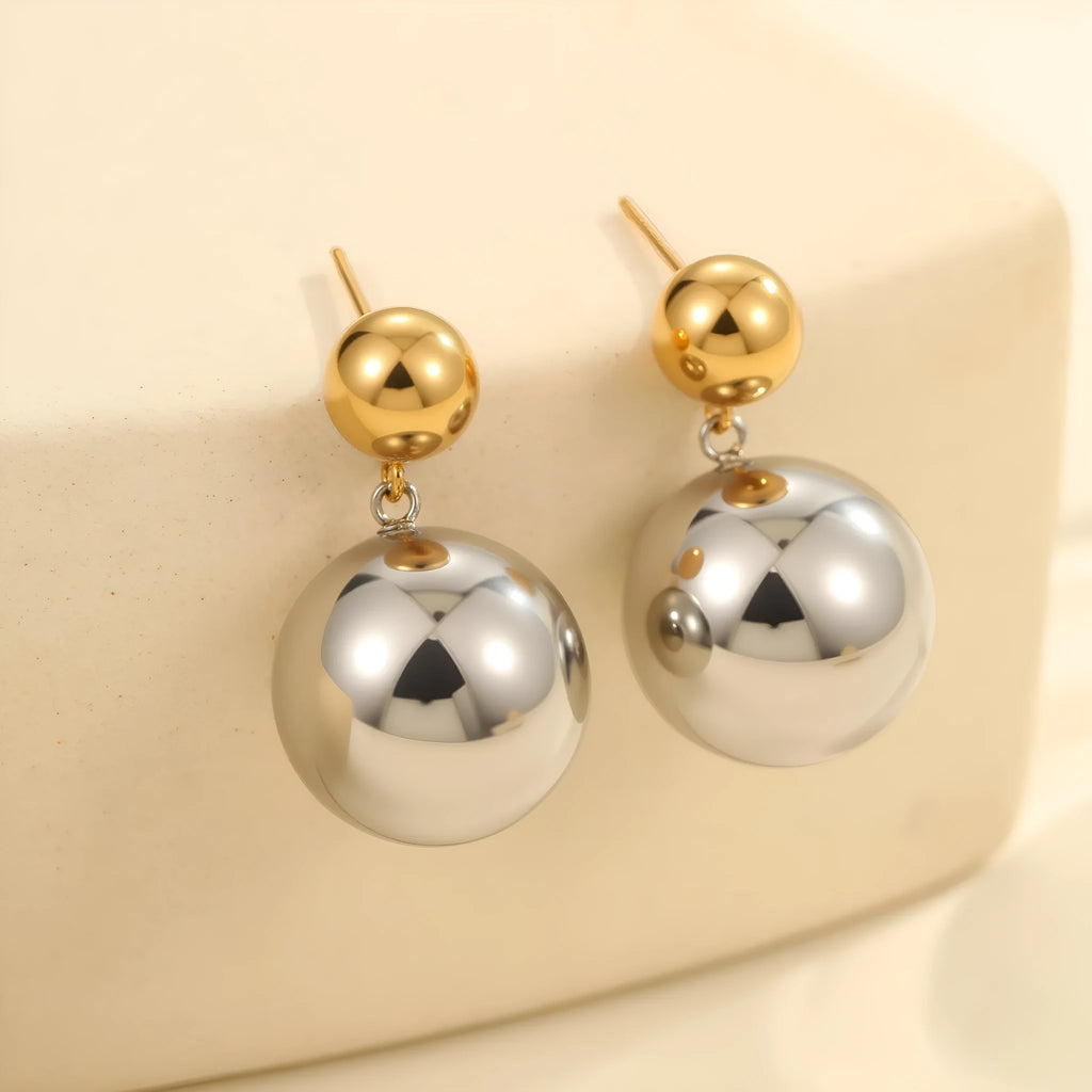 Stainless steel geometric ear studs with colour-block round sphere beads, 18K purity
