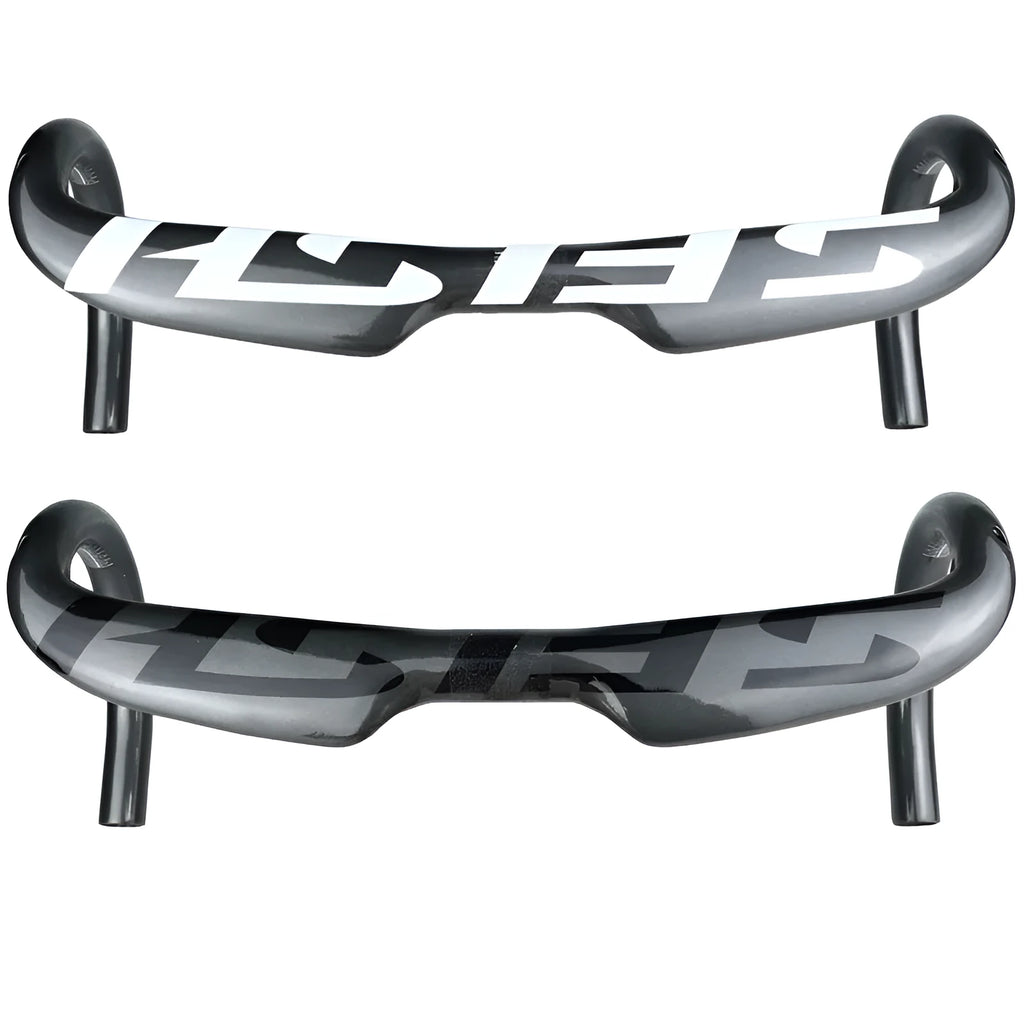 Carbon fibre road bike bent handlebar shown in black, with close-up of 31.8mm clamp area and bar ends.