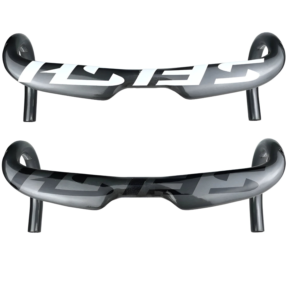 Carbon fibre road bike bent handlebar shown in black, with close-up of 31.8mm clamp area and bar ends.