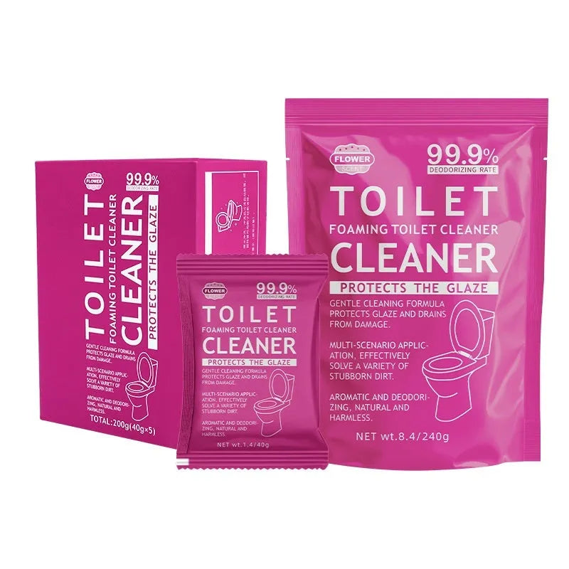 Box and sachets of effervescent toilet bubble cleaning powder in blue ocean and pink floral fragrance options