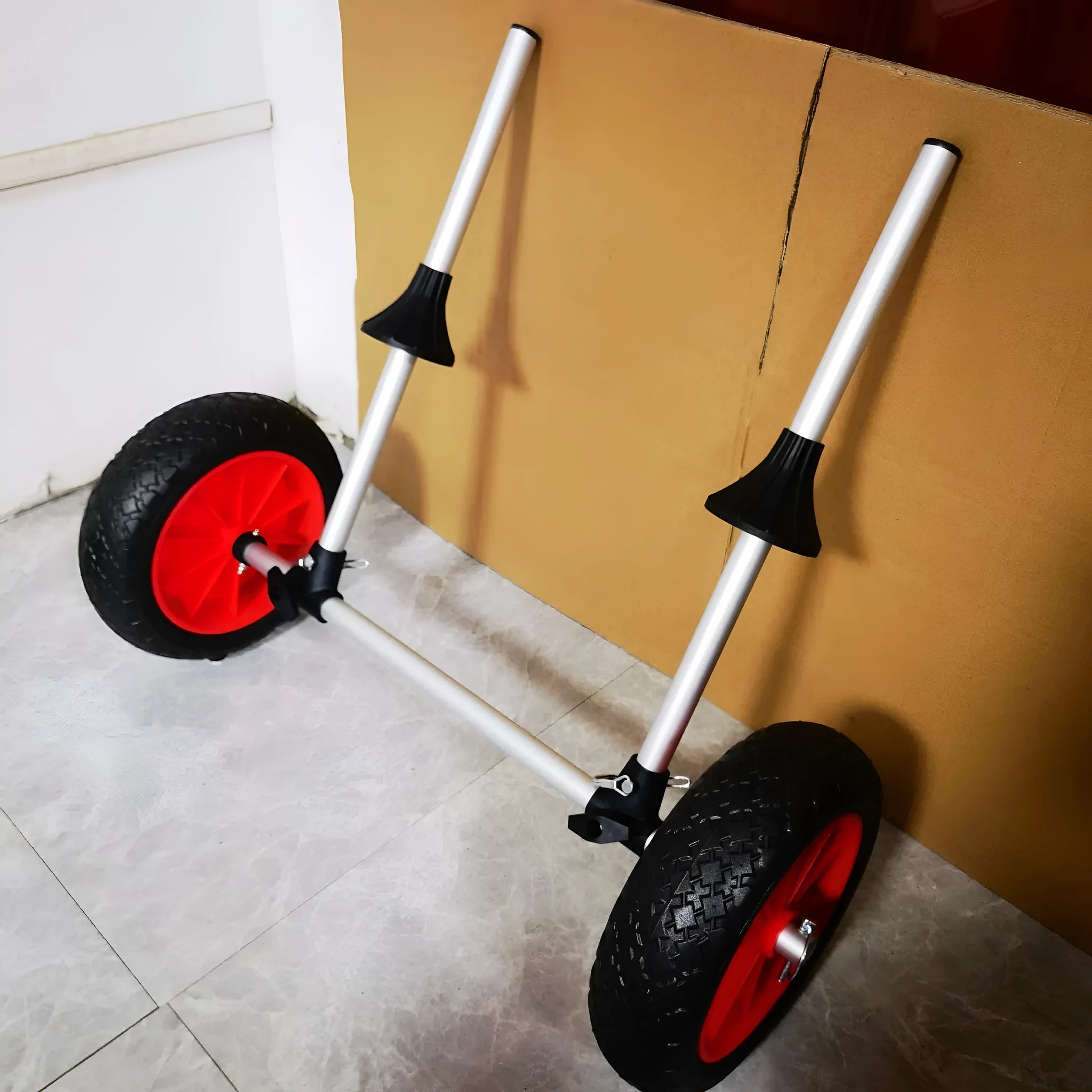 Foldable aluminium kayak beach trailer with upright pole platform for transporting open kayaks on sand