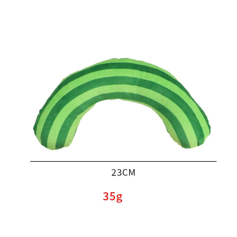 Striped pattern cat pillow toy with noise features and catnip strip in green colour