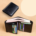 Men's leather wallet open showing photo holder, card slots, banknote folder, and hidden zippered compartment.