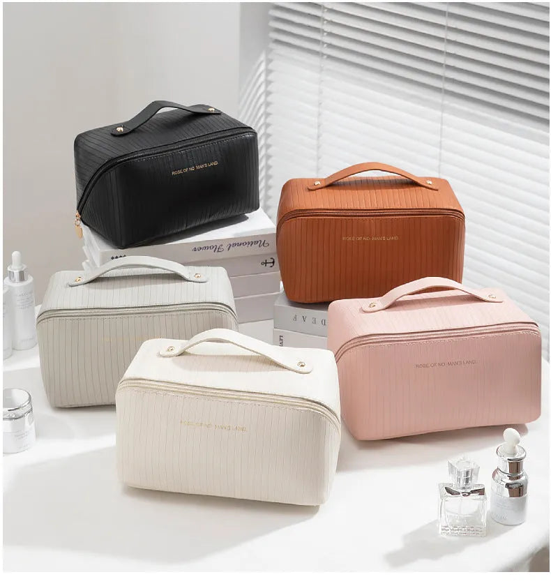 Cubic vertical pattern PU makeup bag in beige available in multiple colours for travel storage