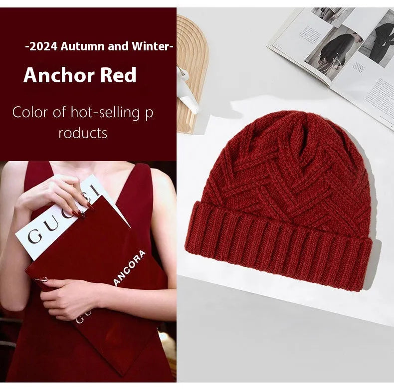 Wool knitted women's winter hat with dome crown in six colour options on mannequin