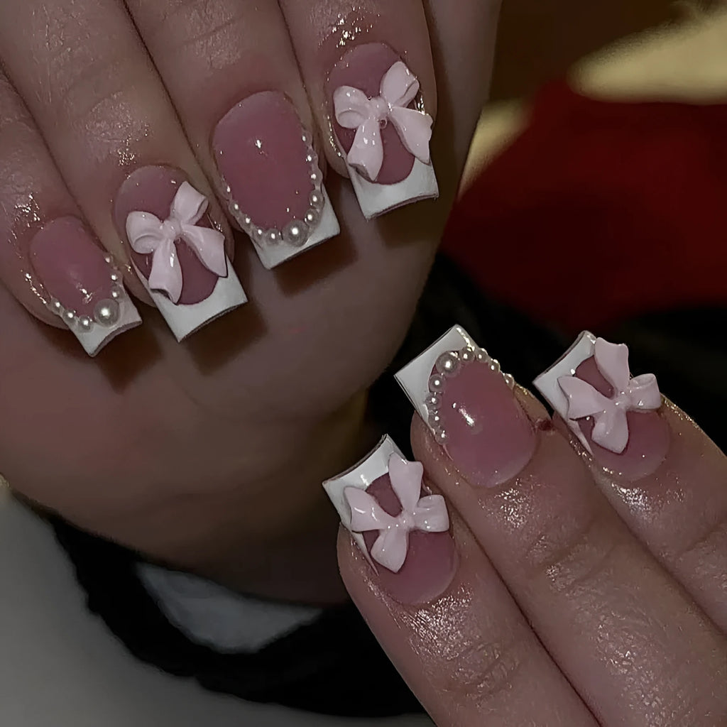 False nail tips French manicure set with tulip bow starry sky designs in short European square shape