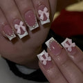 False nail tips French manicure set with tulip bow starry sky designs in short European square shape