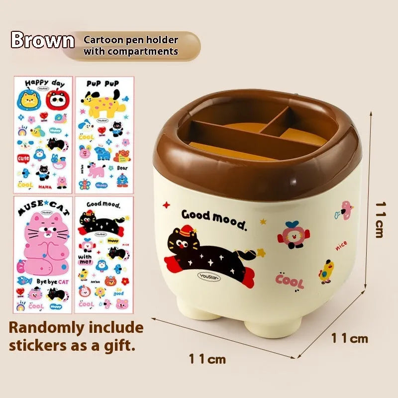 Cartoon-style plastic desktop organiser with grid compartments and labelling stickers for stationery storage