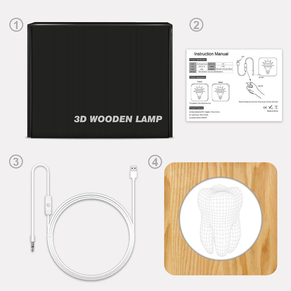 Tooth-shaped wooden acrylic night lamp with warm finish measuring 190x190x30mm