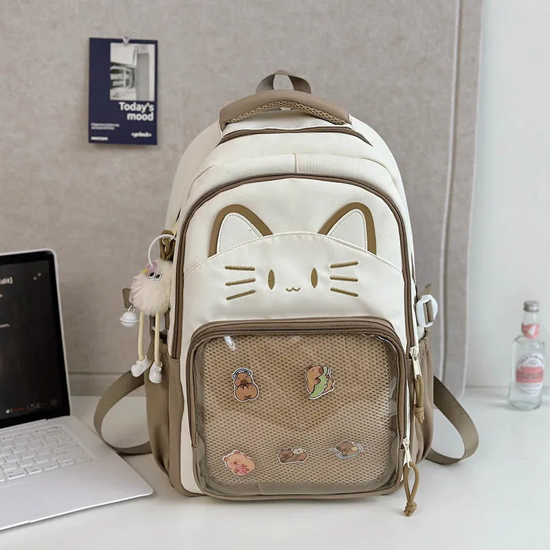 Korean cartoon anime style large capacity nylon backpack in various colours with curved shoulder straps.