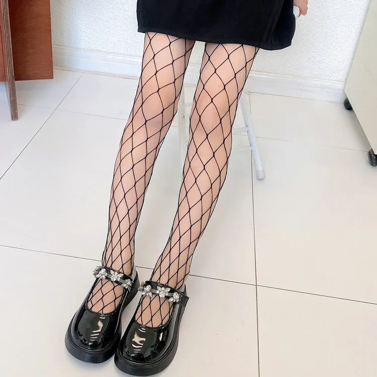 Women's summer stockings showing large, medium, and small mesh patterns in black and white colours.