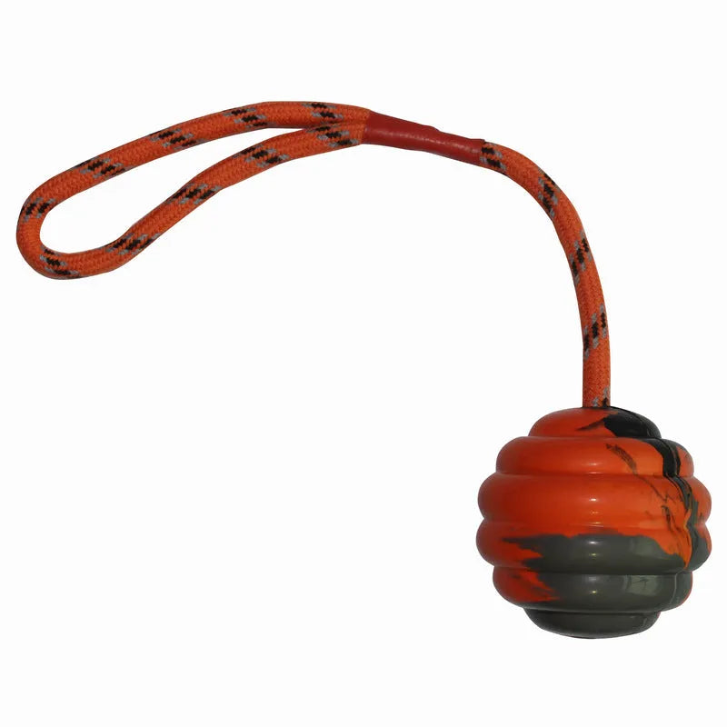Multi-colour rubber pet ball with rope knot design measuring 6x30cm for dogs and cats