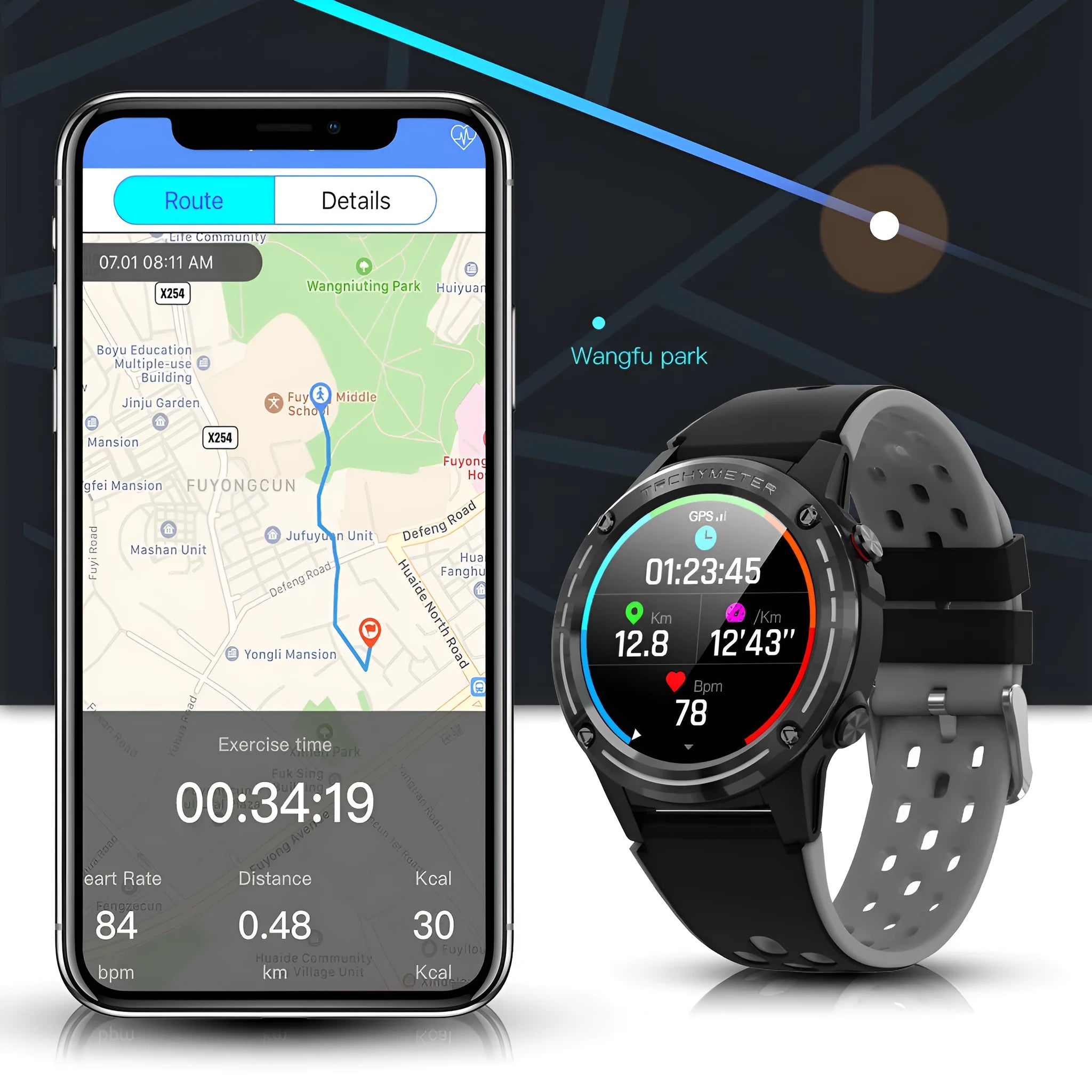 GPS smartwatch with silicone strap and glass screen on wrist in blue colour.