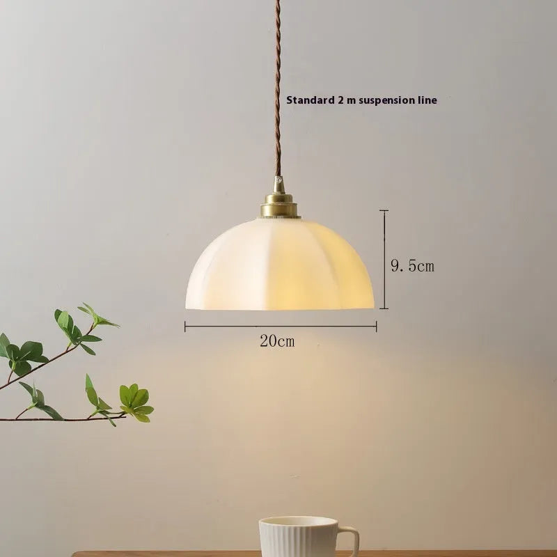 Small indoor brass droplight with copper and glass construction in Chinese style for bedside or study