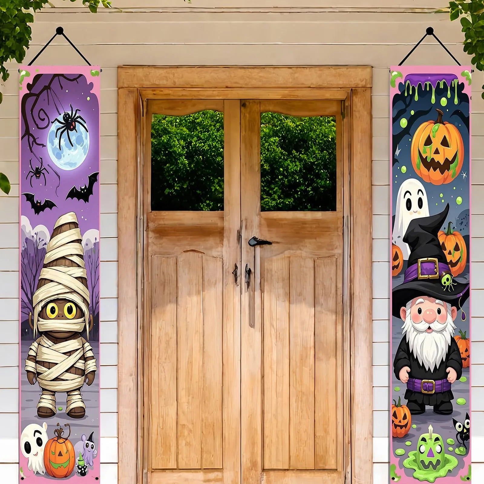 Pair of vertical Halloween couplet banners in polyester fabric measuring 30x180cm for holiday decoration