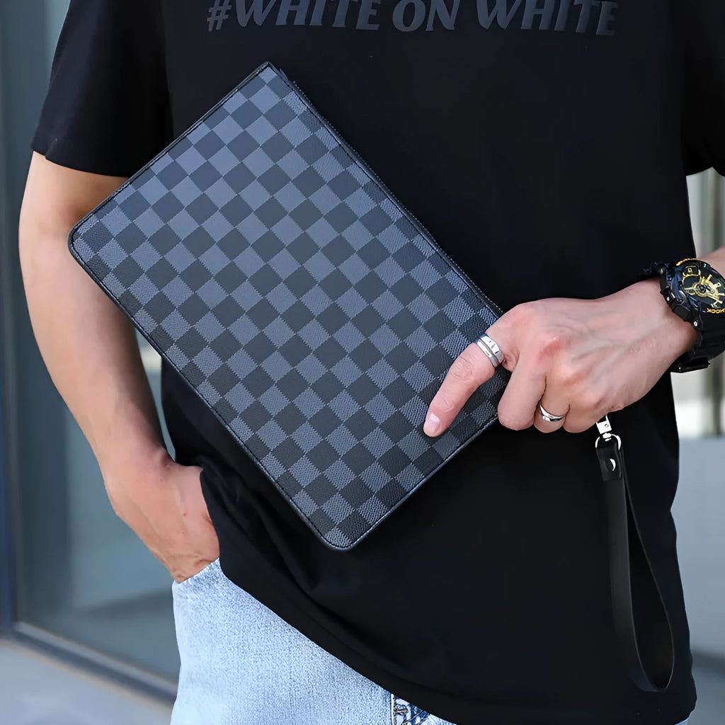 Men's black checkered PU leather clutch wallet showing six card slots and bill compartment