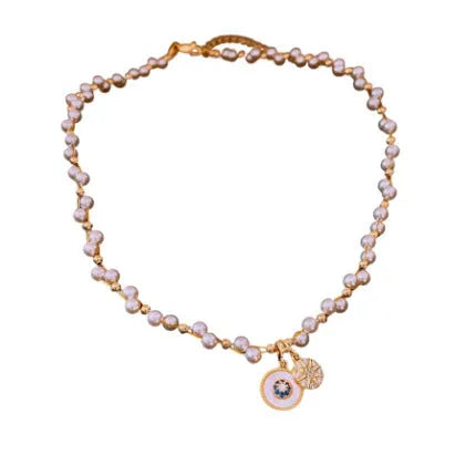 Gold plated clavicle chain necklace with round zircon and imitation pearl pendant