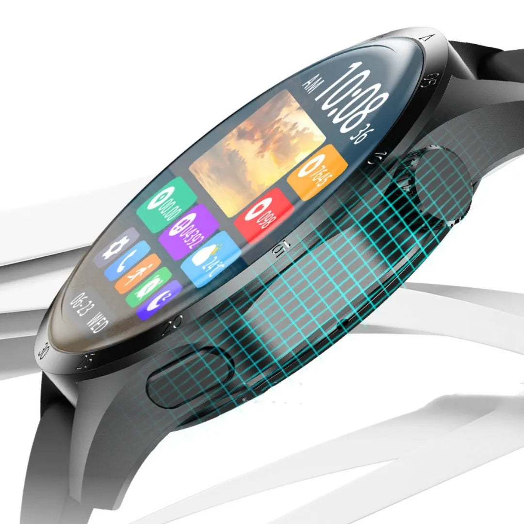 Black Bluetooth smartwatch with touchscreen showing health stats, available with silicone or Milan mesh strap.