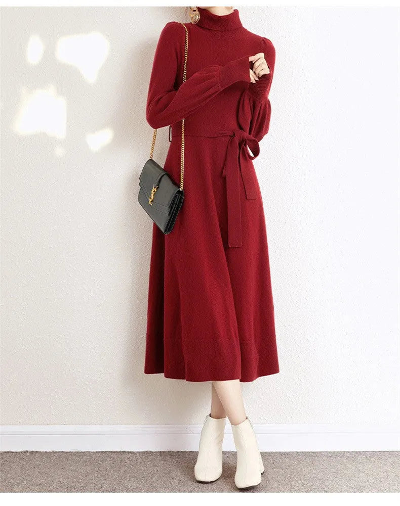 Turtleneck knit dress with elastic waist and loose big hem in solid colour