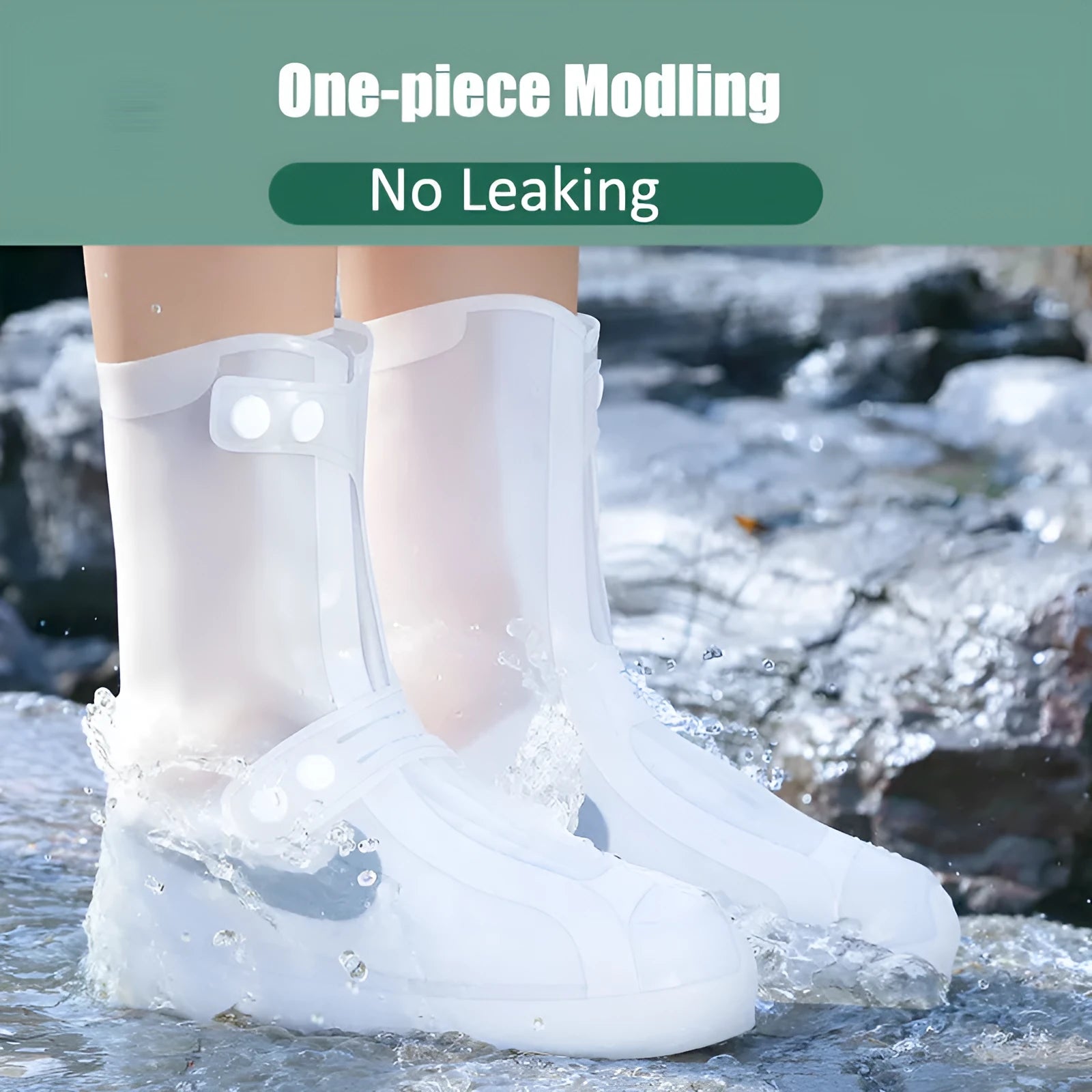 White PVC high top reusable water resistant shoe covers shown on a shoe.