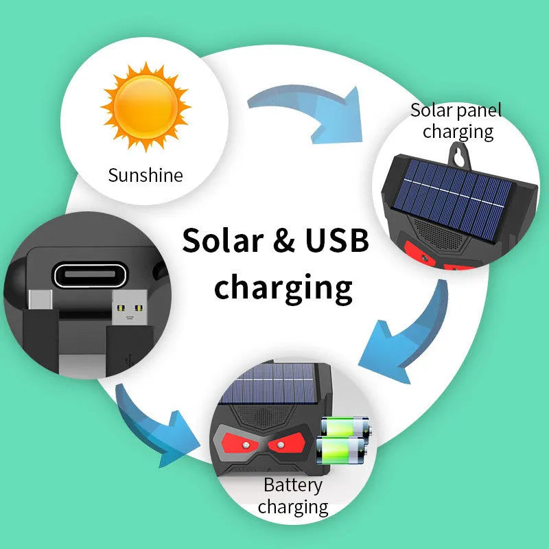 Black outdoor ultrasonic animal repeller with solar panel and charging cable