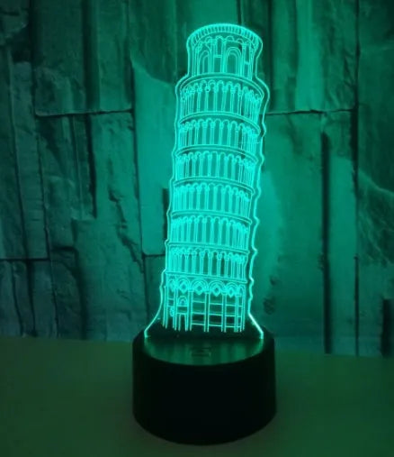 3D acrylic Leaning Tower of Pisa nightlight on black ABS base with USB cable and remote.