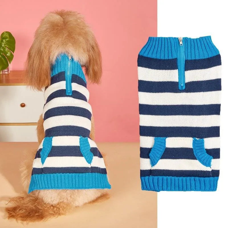 Grey dog sweater with contrast colour horizontal zip and button pockets on a small dog.