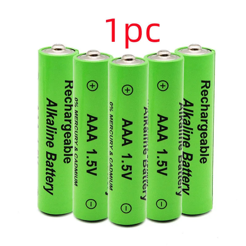 Alkaline rechargeable AA battery with 3000mAh capacity and 1.5V output, shown in green casing.