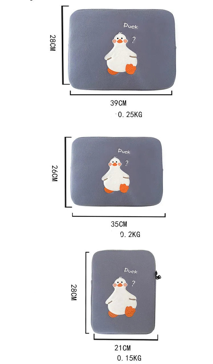 Blue cotton tablet case with embroidered duck design and zipper closure