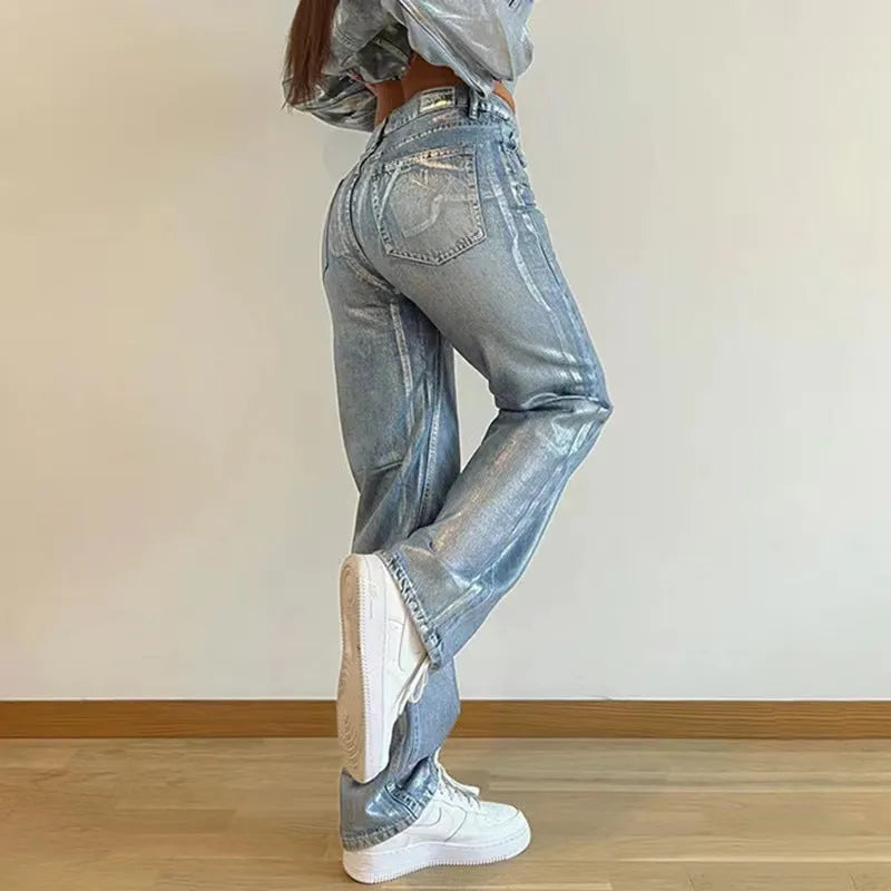 High waist straight leg jeans in washed blue with silver contrast street hipster style