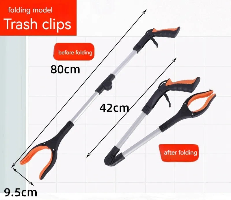 Foldable aluminium garbage pick-up clamp shown extended and collapsed, with magnetic sucker and coloured handle options.