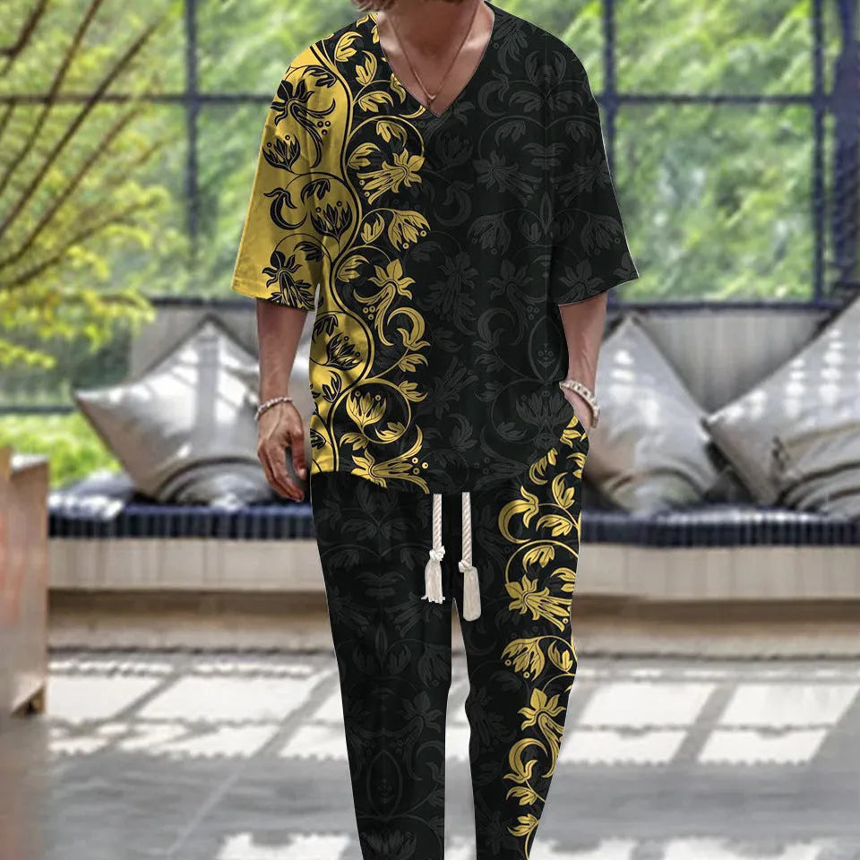 Men's cropped sleeve V-neck polyester suit in thin fabric with trousers, available in multiple colours and sizes S to 6XL