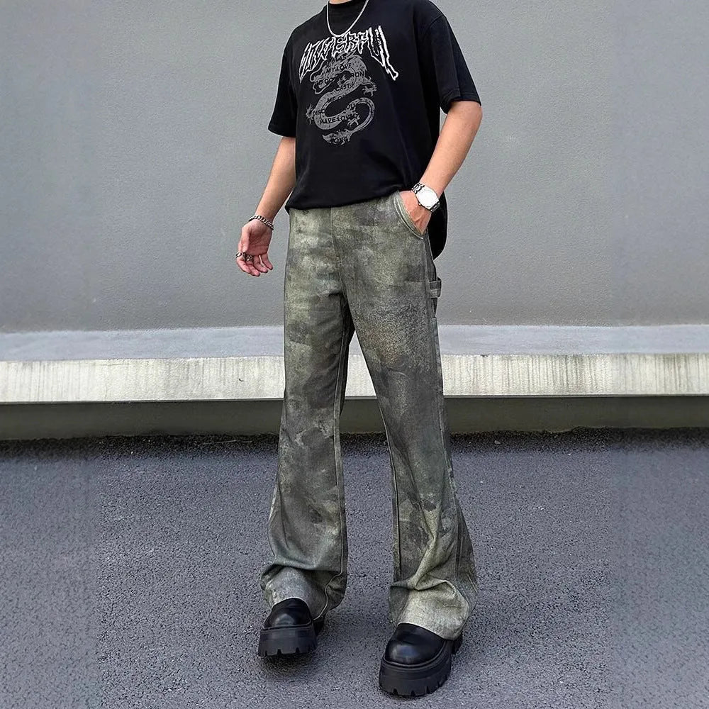 Men's straight-leg jeans with a digital camouflage print on blue denim fabric.