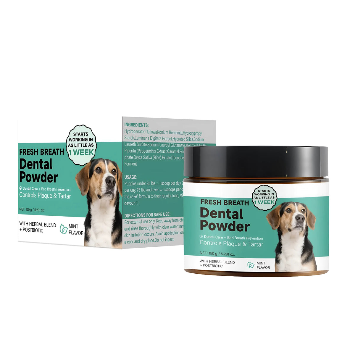 150g container of dog teeth cleaning powder for plaque control and fresh breath