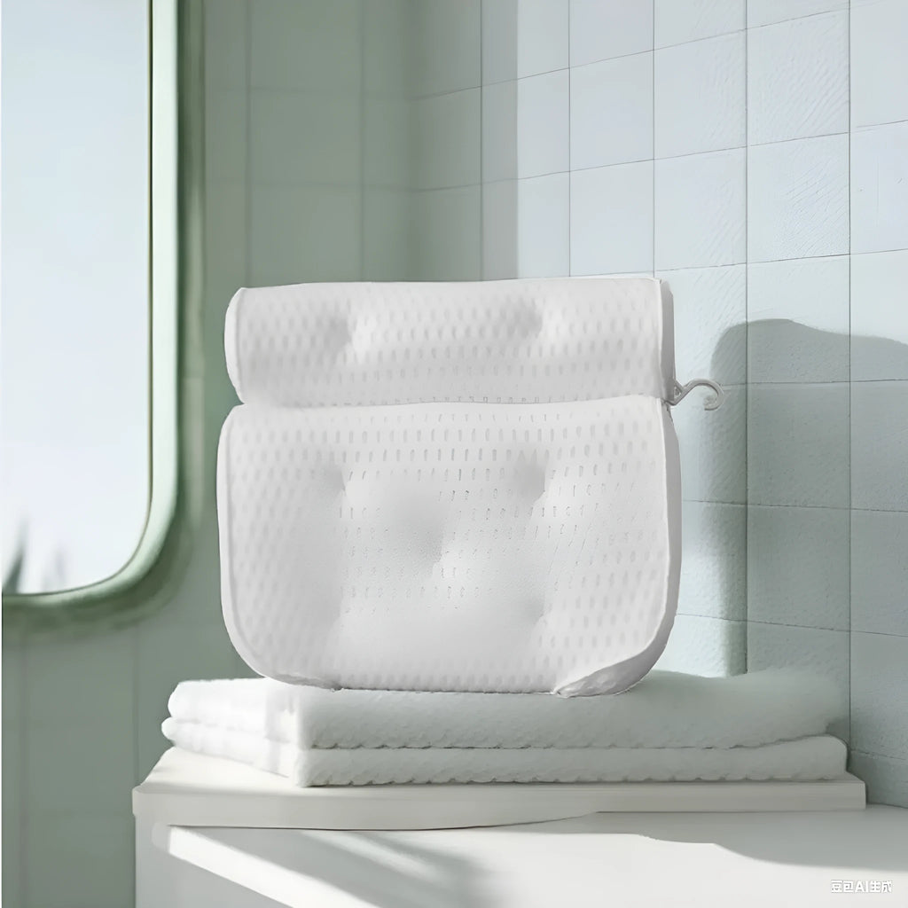 White bathtub pillow with 3D mesh material and suction cups for bathroom use