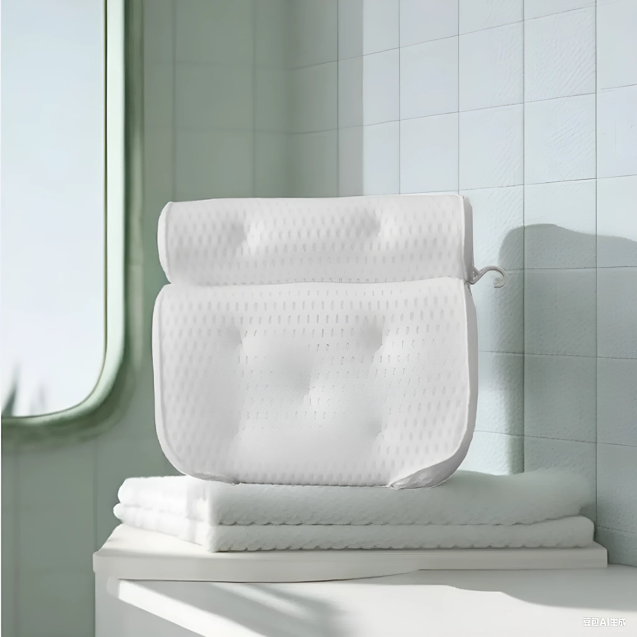 White bathtub pillow with 3D mesh material and suction cups for bathroom use