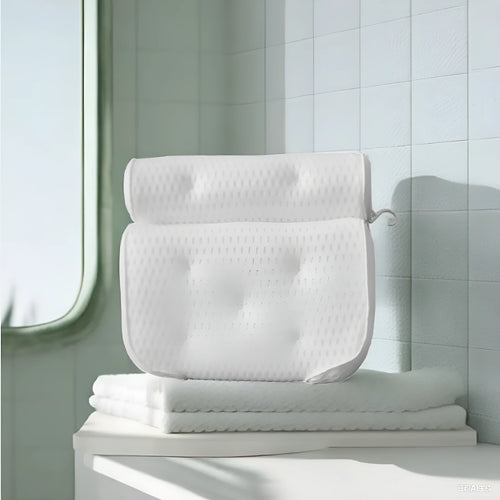 White bathtub pillow with 3D mesh material and suction cups for bathroom use
